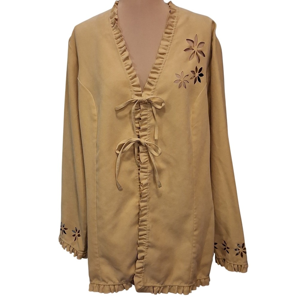 Maggie Sweet‎ Tan Microsuede Floral Cutout Ruffle Tie Front Top XL boho festival